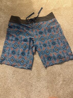 Patagonia Blue and Olive Aztec-Pattern Hybrid Shorts
